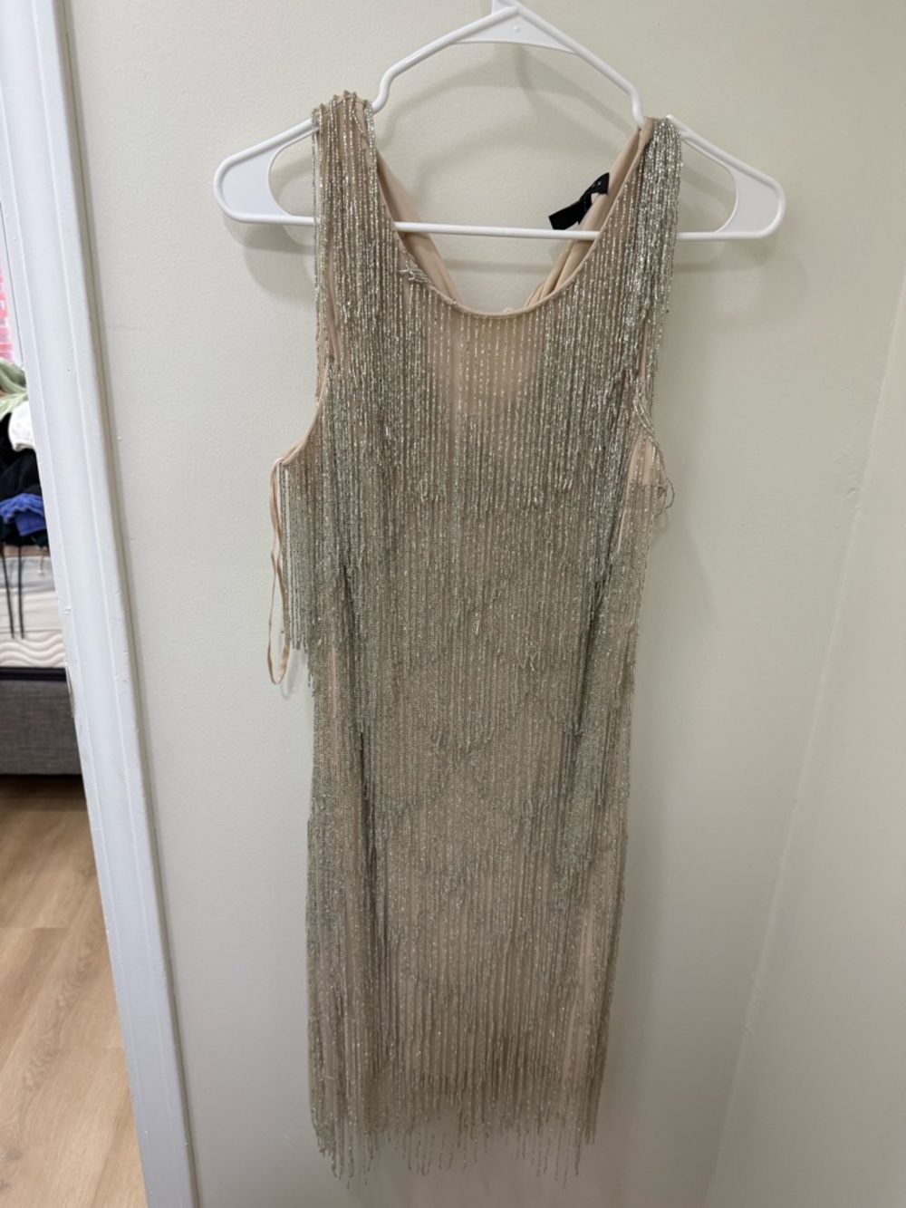 Aidan Mattox Nude Dress with Gold Fringe